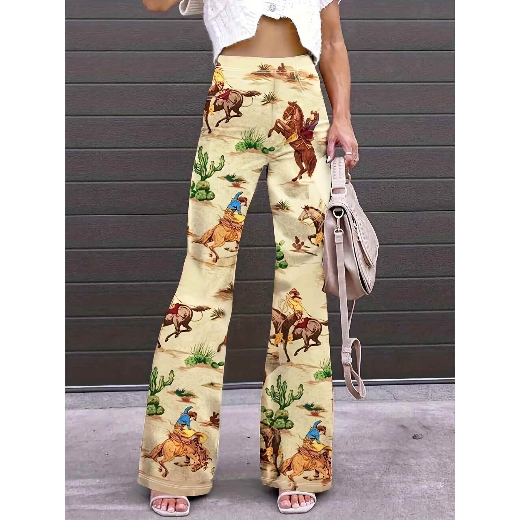 Digital slim fit leggings western denim flared casual pants