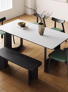 实木餐桌纯白岩板餐桌中古简约白蜡木复古风纯实木黑色桌腿
