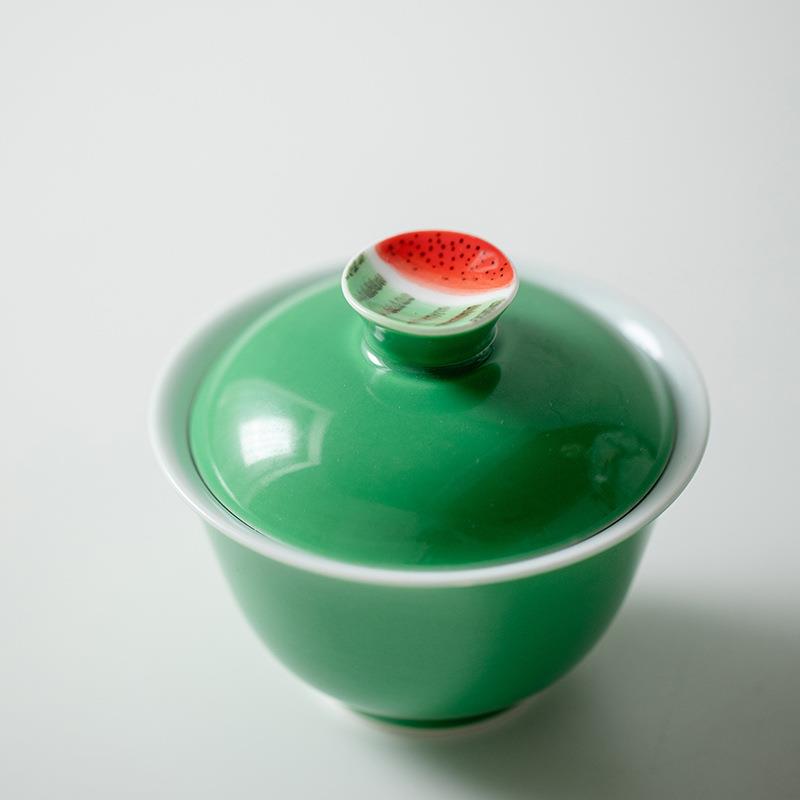 山鼎 绿釉纯手绘西瓜盖碗 文艺清新手抓碗家用功夫陶瓷茶具泡茶碗