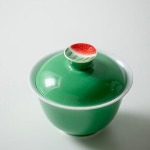 山鼎 绿釉纯手绘西瓜盖碗 文艺清新手抓碗家用功夫陶瓷茶具泡茶碗