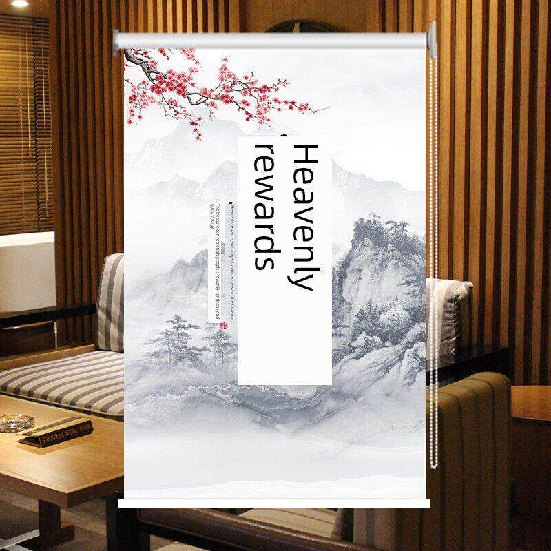 定制卷帘办公室客厅厨房卫生间山水画窗帘遮光防水上下升降手拉式