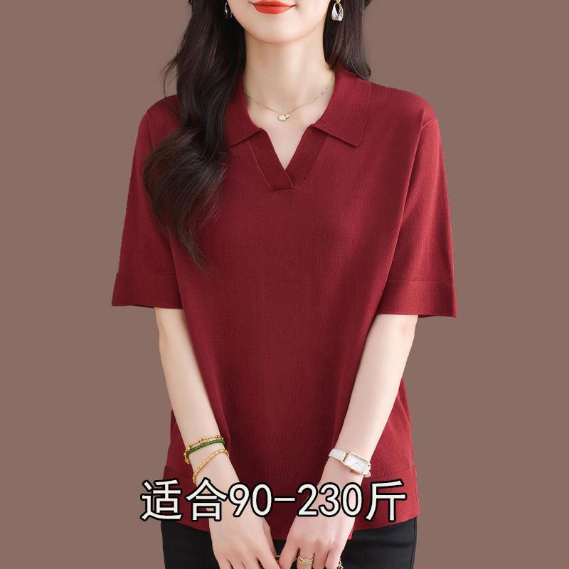 胖mm加大码桑蚕丝T恤女宽松时尚POLO领短袖针织冰丝纯色遮肉上衣