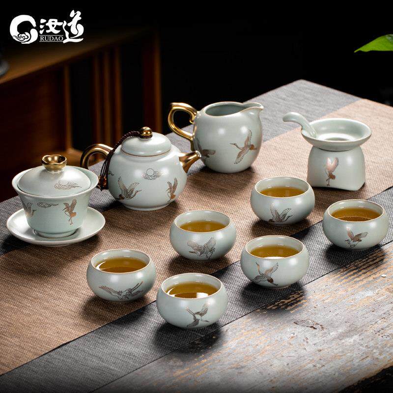汝窑描金仙鹤功夫茶具中式国潮茶壶茶杯盖碗套装汝道高档汝瓷礼品