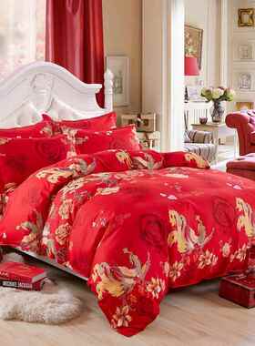 高档婚庆四件套红色.双结婚全棉1.8m20m床人被套床单式喜庆床大上