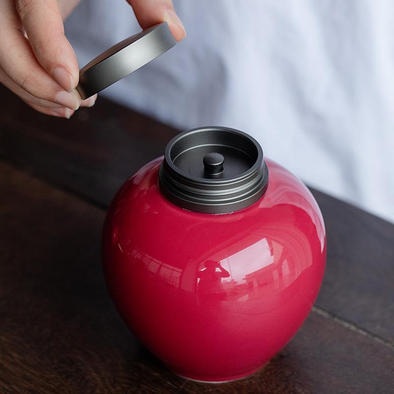 胭脂红陶瓷茶叶罐家用茶仓合金盖双层密封罐简约储存罐红茶存茶罐