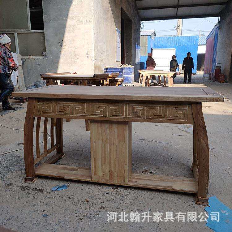 仿古花纹国学桌幼儿园双人学生课桌椅榆木中式马鞍桌书法写字桌