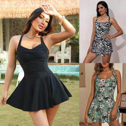 Female black halter top dress style bikini waist cinching
