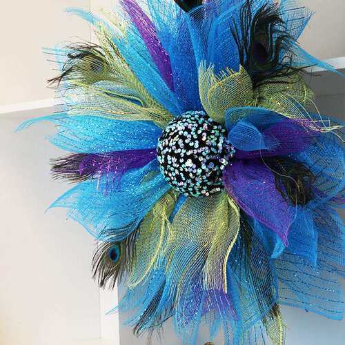 彩色仿真孔雀羽毛花环家居卧室挂件五彩仿真花壁挂门挂吊件