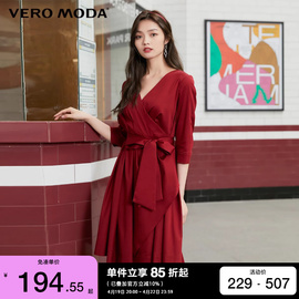 绫致Vero Moda连衣裙2023秋冬通勤七分袖不规则下摆腰带拉链