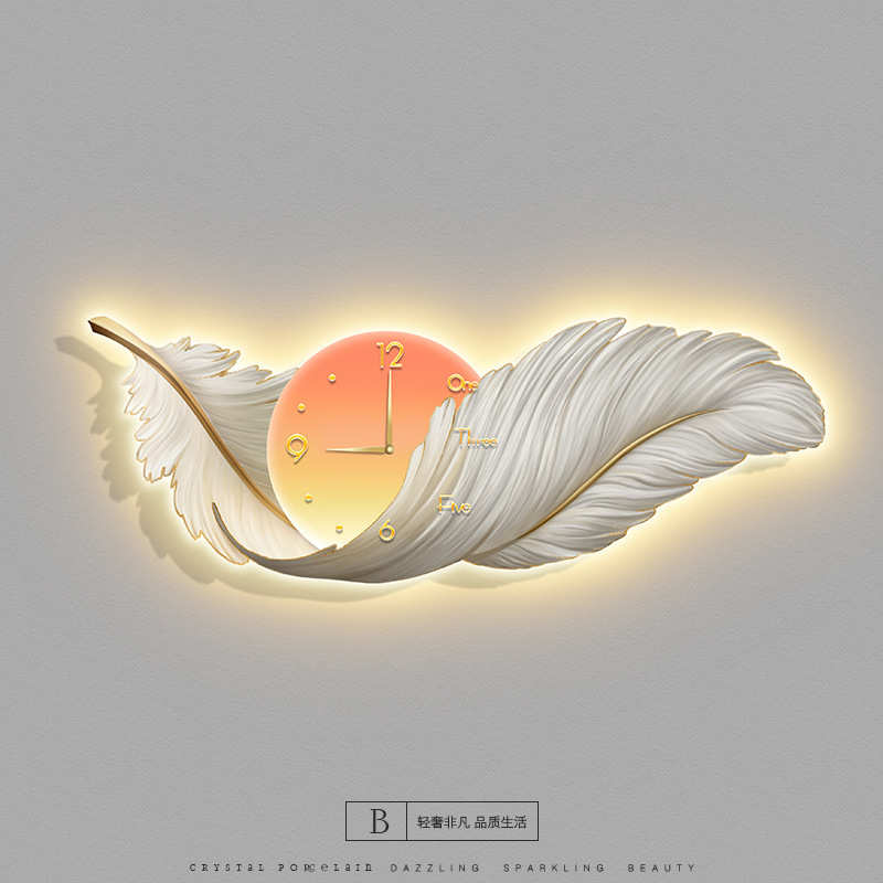 钟表灯带高级装饰画客厅led高档奢轻饭厅挂画感时钟大气羽毛餐厅图片