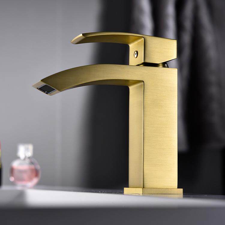 新款直销北美跨境铜冷热面盆龙头单孔拉丝金简欧式轻奢洗脸盆台下