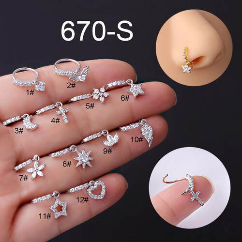 nose ring 鼻饰星星月亮爱心花朵十字锆石吊坠鼻环20GX8mm