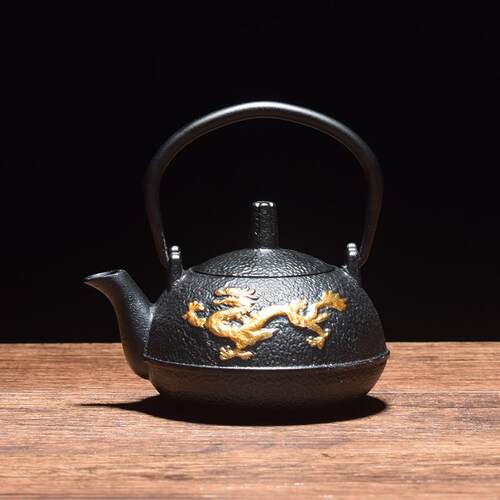 鎏金铸铁壶家居日用煮茶壶创意双铁龙腾铸铁壶烧水壶煮茶壶茶具