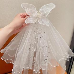 儿童公主裙头纱女童超仙水钻蝴蝶结发卡宝宝生日发夹婚纱花童头饰