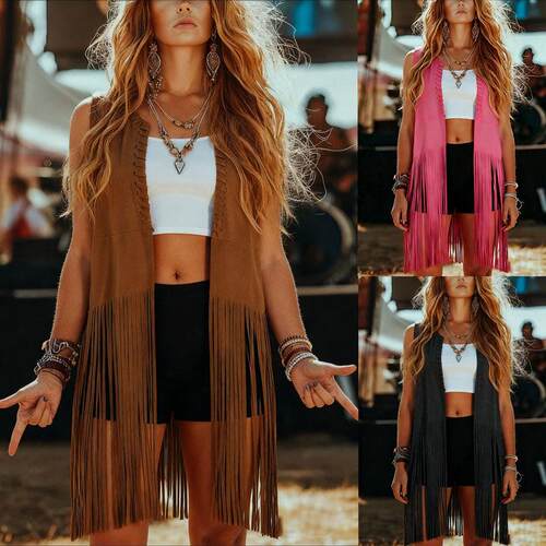 Shawl fringe vest jacket for women, sleeveless mid length
