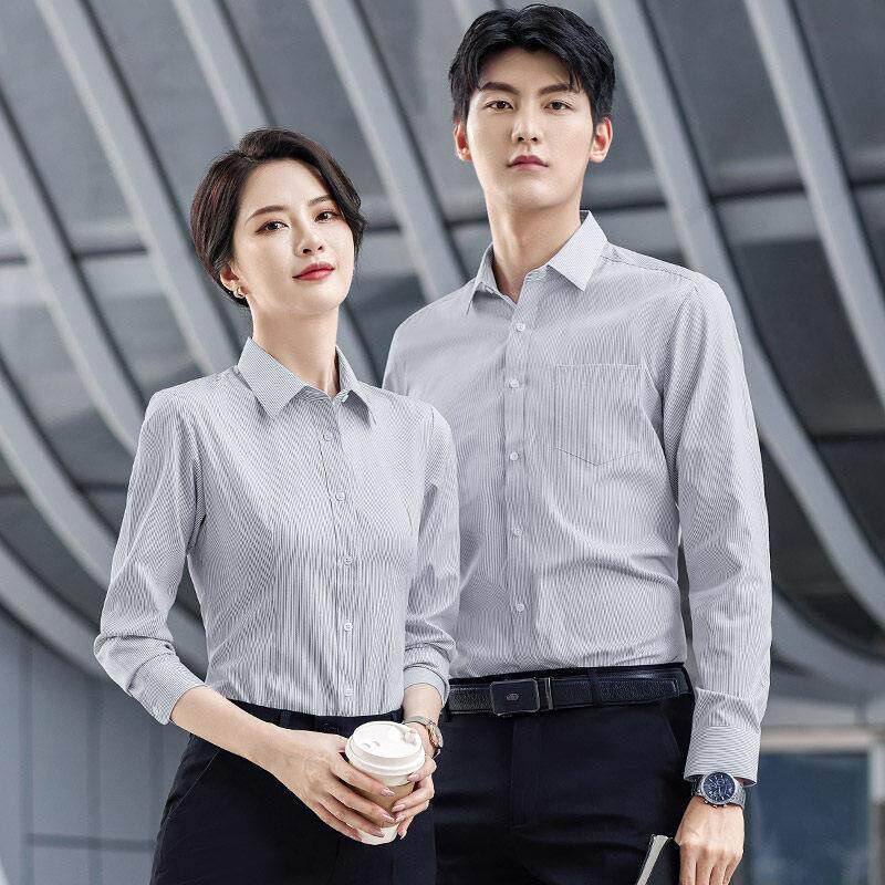 竖条纹衬衫女长袖职业男女工作服上衣正装保险工装定制绣LOGO衬衣