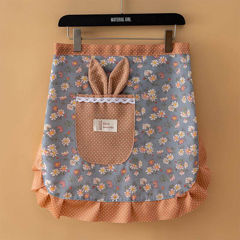 韩式半截围腰薄款透气碎花厨房女半身围裙时尚家用短款花边工作服