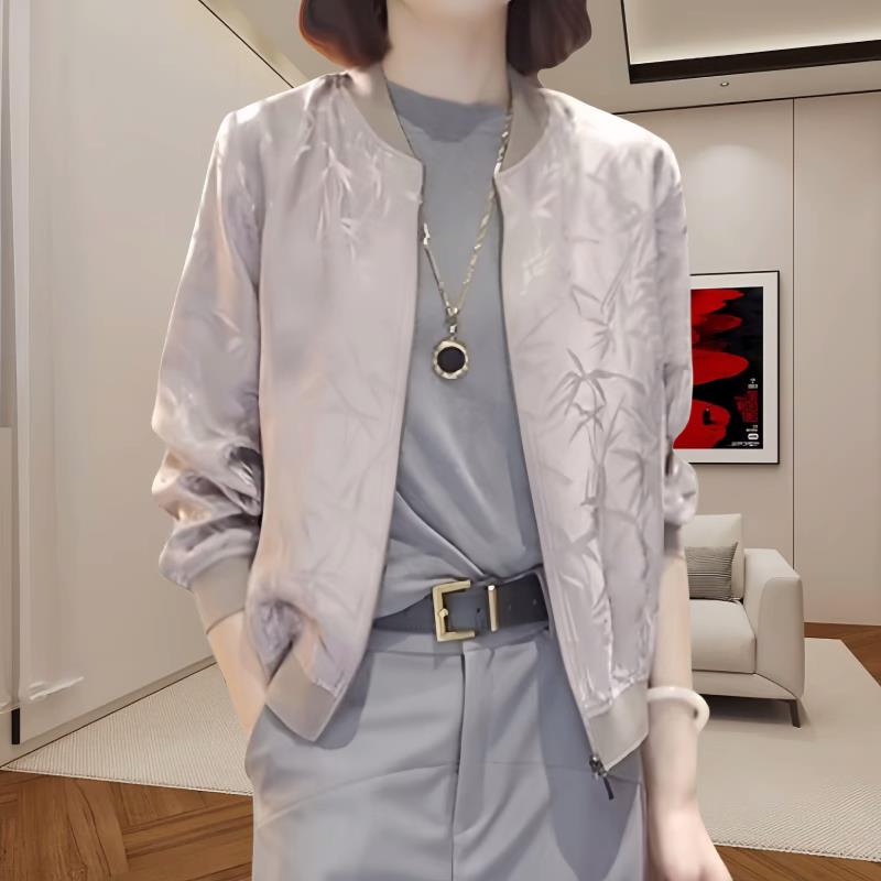 欧货洋派竹叶印花棒球服外套女夏季薄款气质百搭长袖上衣时尚夹克