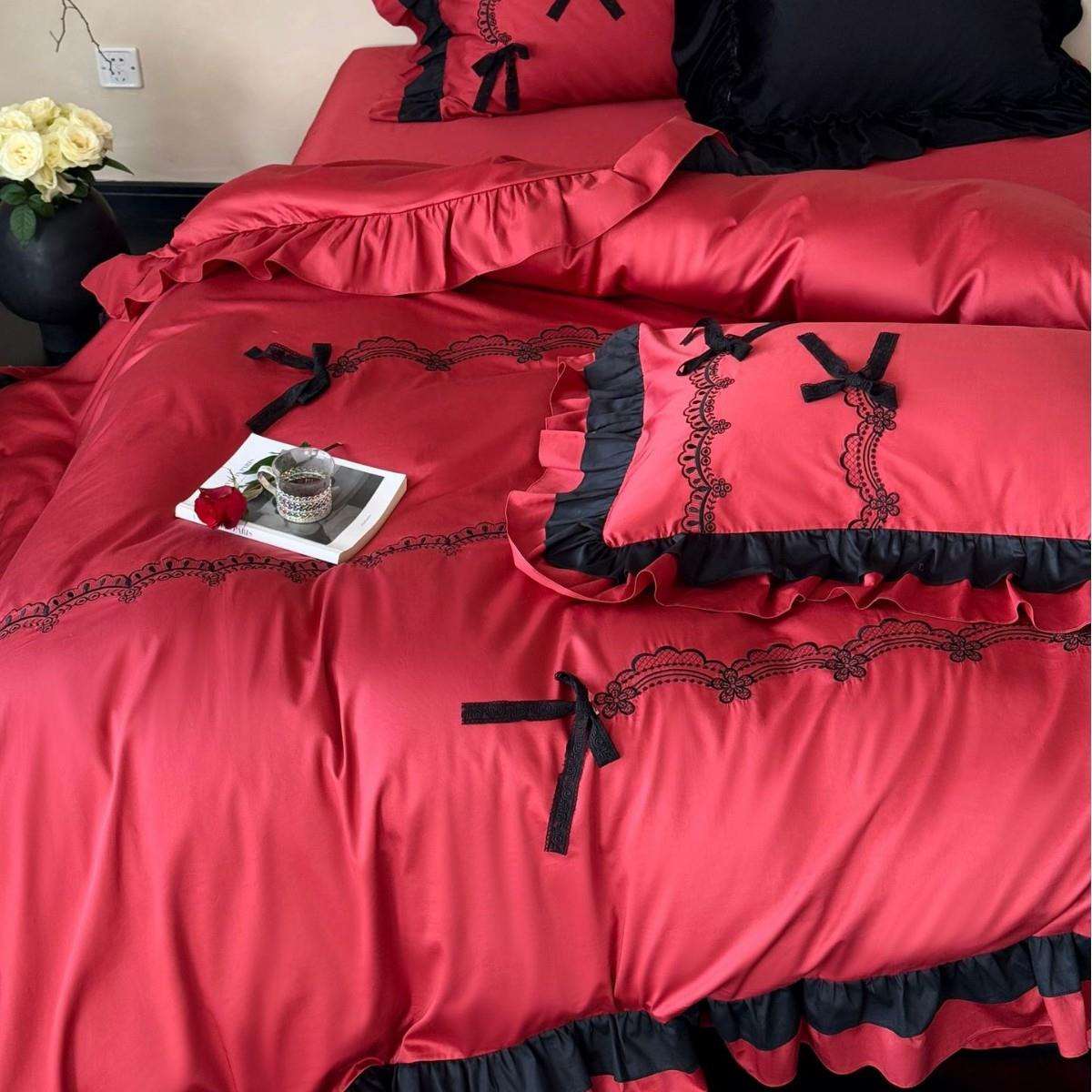 法式浪漫婚庆长绒棉花边四件套全棉蕾丝刺绣结婚被套床单1.8m床品