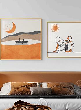 网红现代简联约卧室头挂画两轻客奢厅床墙面壁画橙色发沙背景墙装