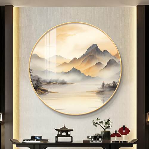 新中式圆形挂画 画入户玄关画 画山水画 画客厅大白墙装饰画 画高
