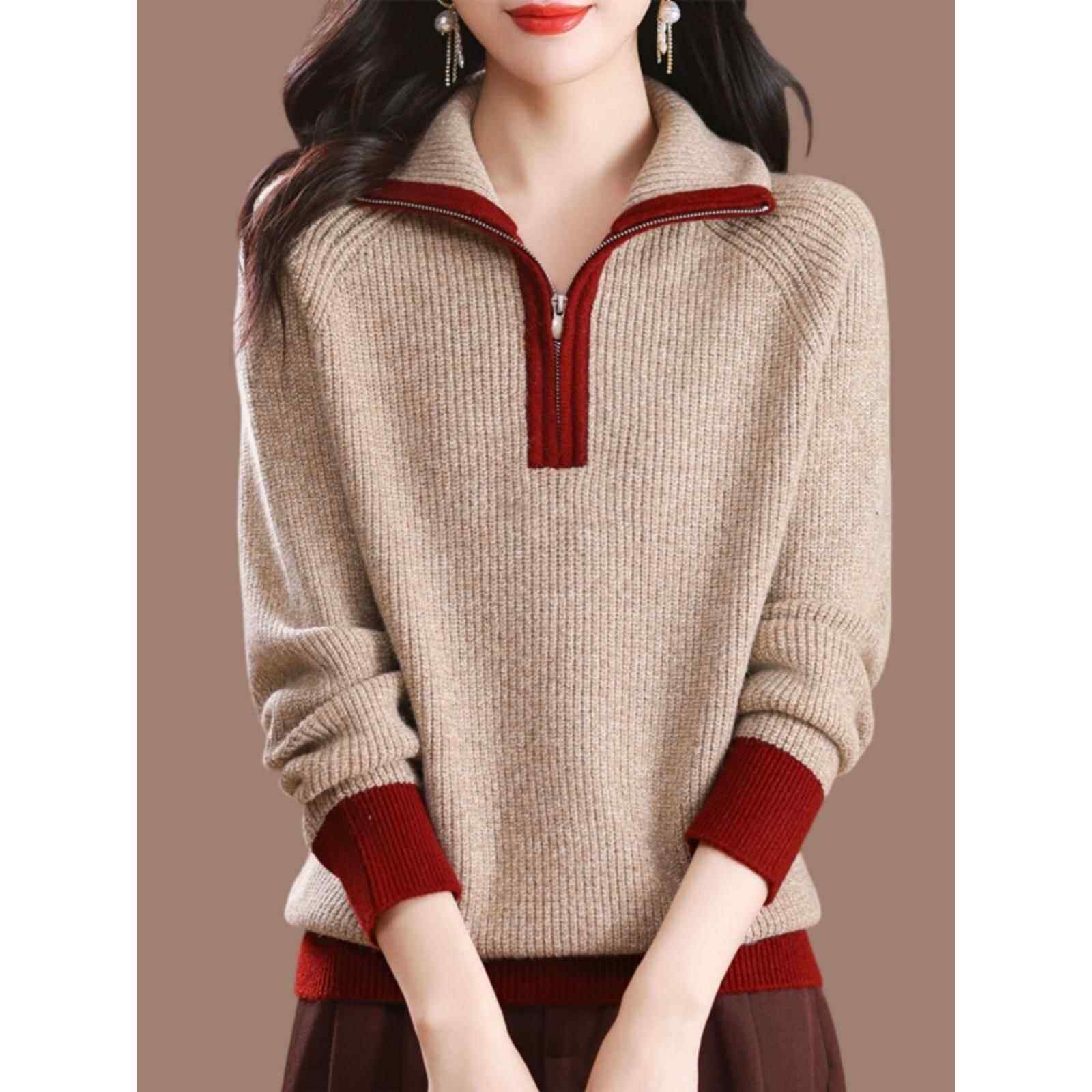 高翻领羊毛衫女秋冬宽松大码拉链毛衣时尚洋气外穿加厚针织打底衫