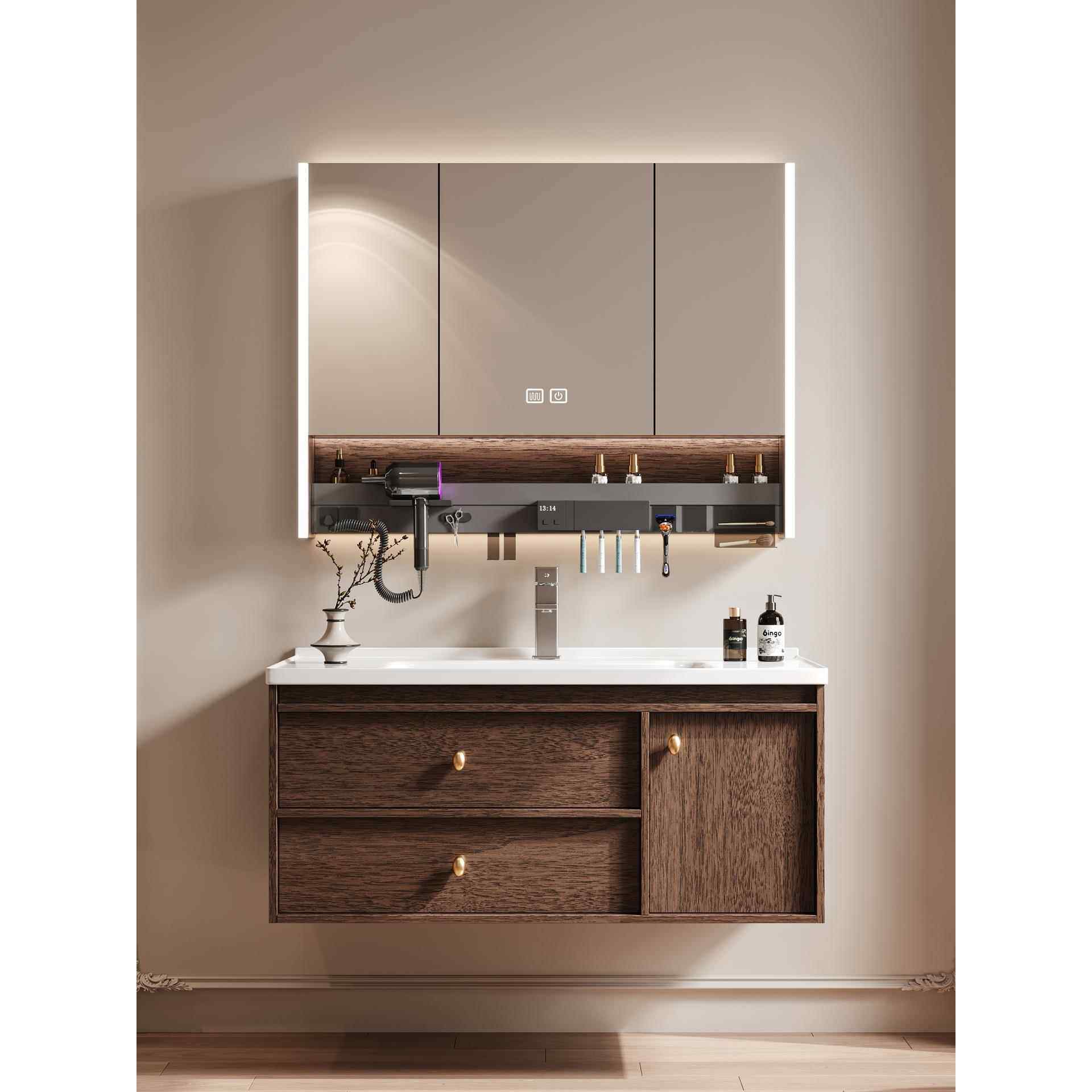 定制中古风蜂窝铝浴室柜组合加深陶瓷一体盆卫生间洗脸盆柜胡桃色