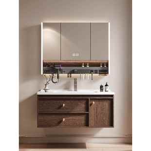 定制中古风蜂窝铝浴室柜组合加深陶瓷一体盆卫生间洗脸盆柜胡桃色