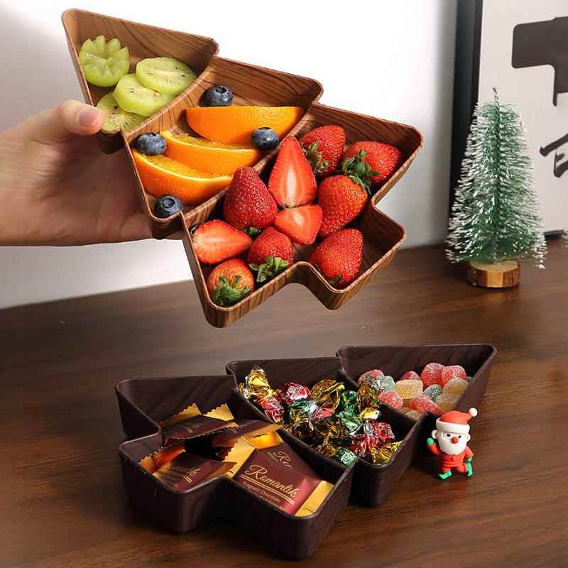 彷木纹干果盘家用塑料圣诞树分格盘创意餐桌摆件小吃零食水果盘子