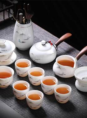 高端功夫茶具套组茶杯羊脂玉不烫手盖碗泡茶白瓷陶瓷家商用办公小