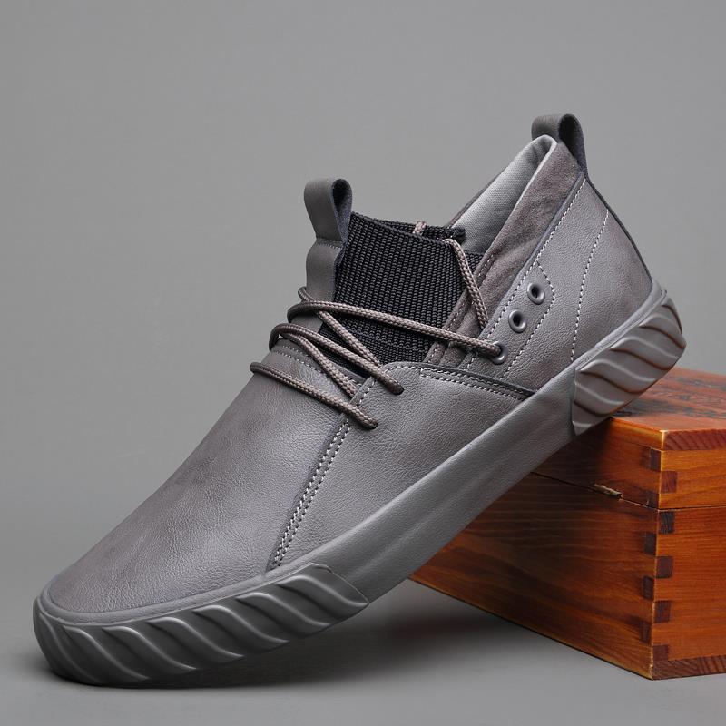 高档秋季新款鞋休闲透气高帮鞋青年皮系带低男帮伦男潮鞋子软底英