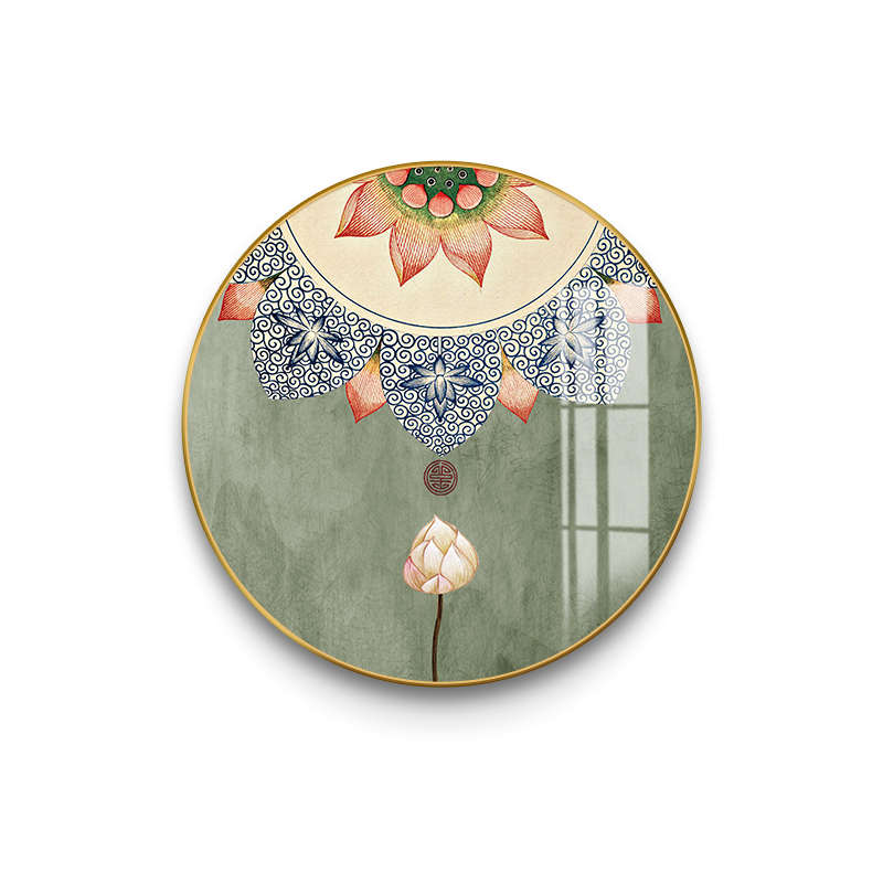 圆形餐厅墙面挂画茶室中国风花纹荷花饭厅壁画新中式客厅装饰画图片