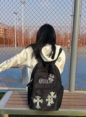书包美式高街黑色复古潮流初中女生混的人黑色双肩背包初一女孩用
