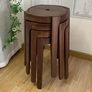 厅家用黑胡桃木子风户车凳现代简约可堆叠放实木圆凳127小型餐备