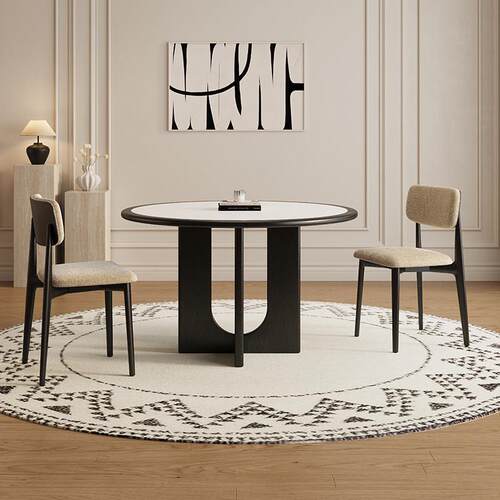 德利丰FAS内嵌岩板餐桌圆形实木中古风黑色家用小户型圆桌饭桌子