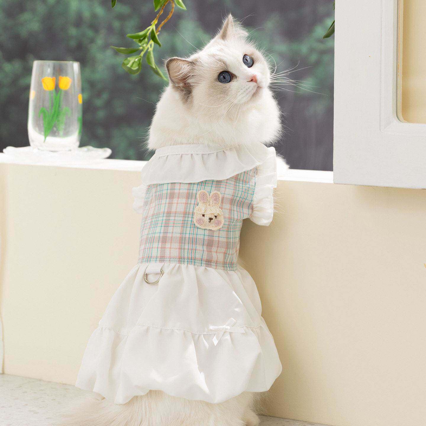 猫咪衣服新款春夏季公主田园风格子牵引裙子蓝猫幼猫无毛猫连衣裙