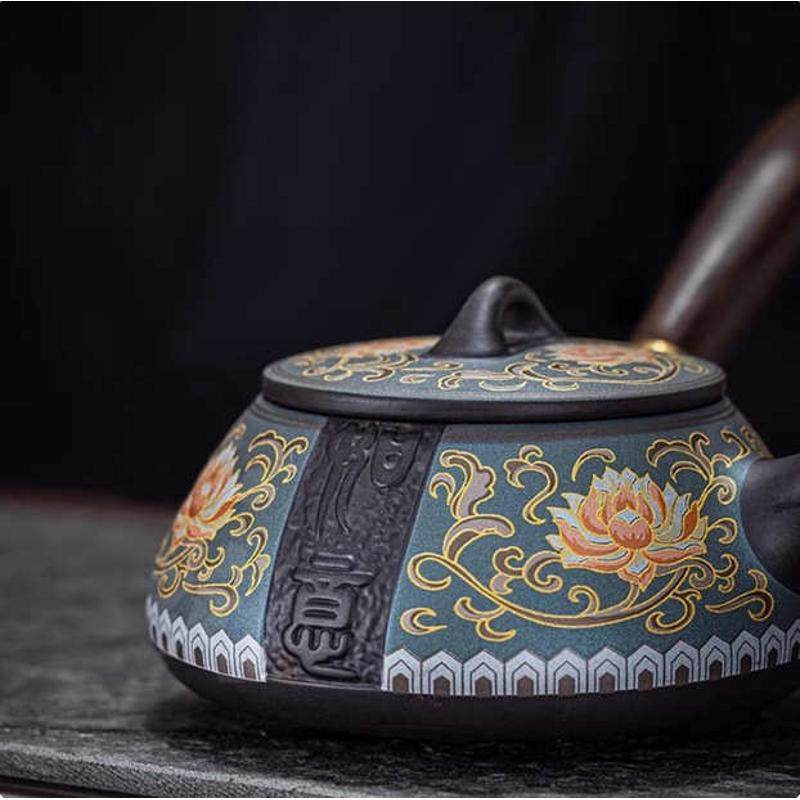 紫砂如意侧把茶壶中式家用过滤壶单壶陶瓷功夫茶具复古浮雕泡茶壶