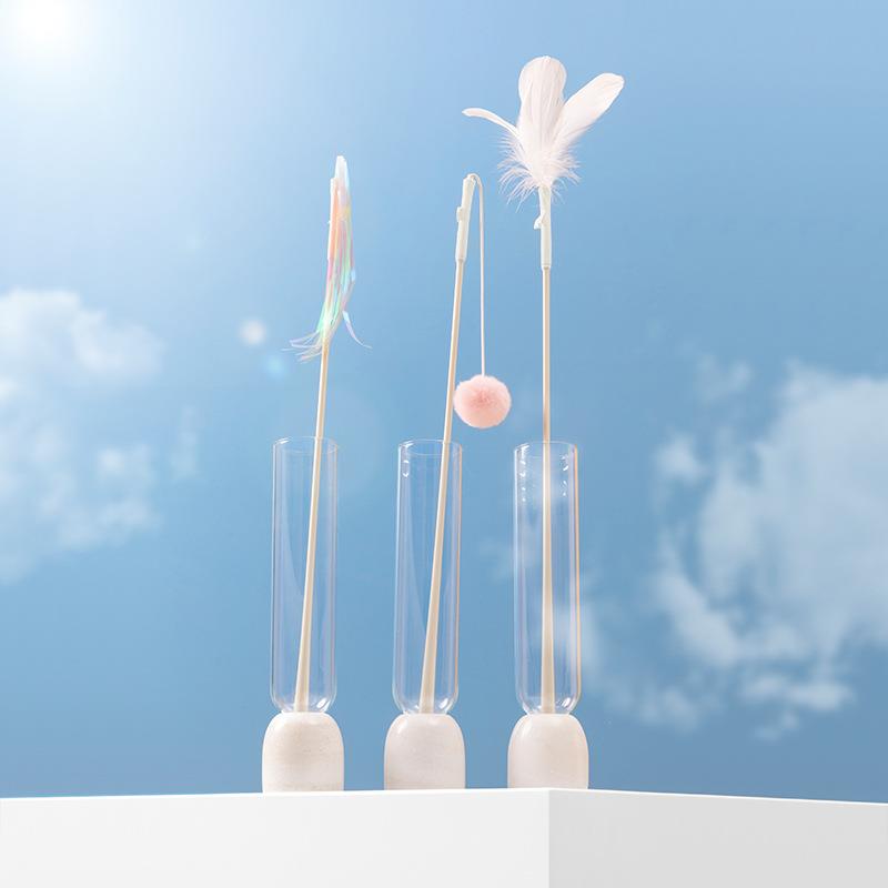 流体动物弹力逗猫棒套装羽毛丝带毛绒球 猫咪玩具可替换 宠物用品