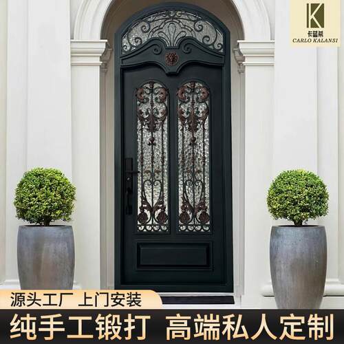 铁艺门纯手工锻打推拉门别墅玻璃门源头工厂跨境定制
