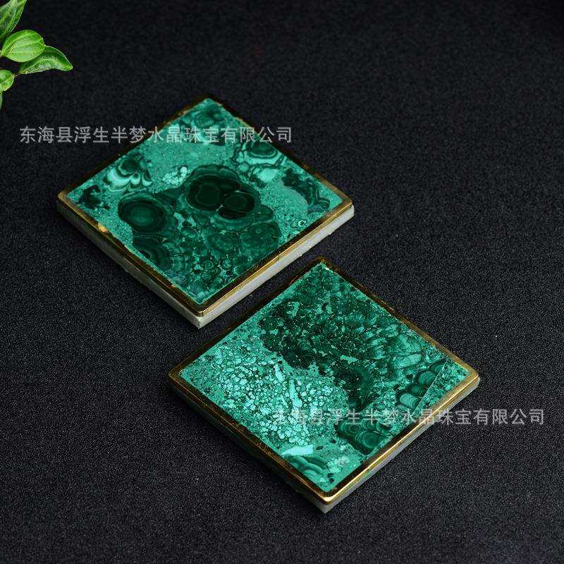 天然孔雀石圆形杯垫摆件原石圆形杯垫底盘家居装饰办公摆设