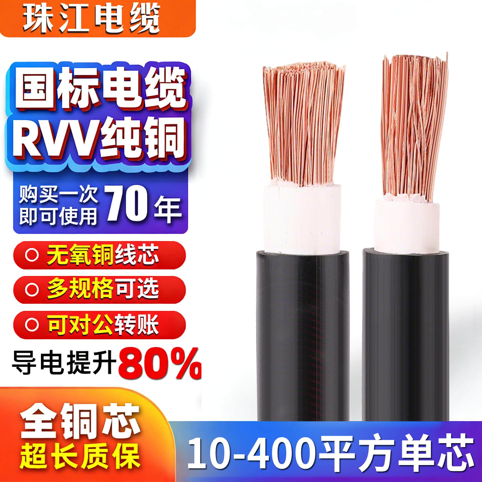 珠江国标RVV单芯软电缆线16 25 35 50 70 95 120 150 185 240平方