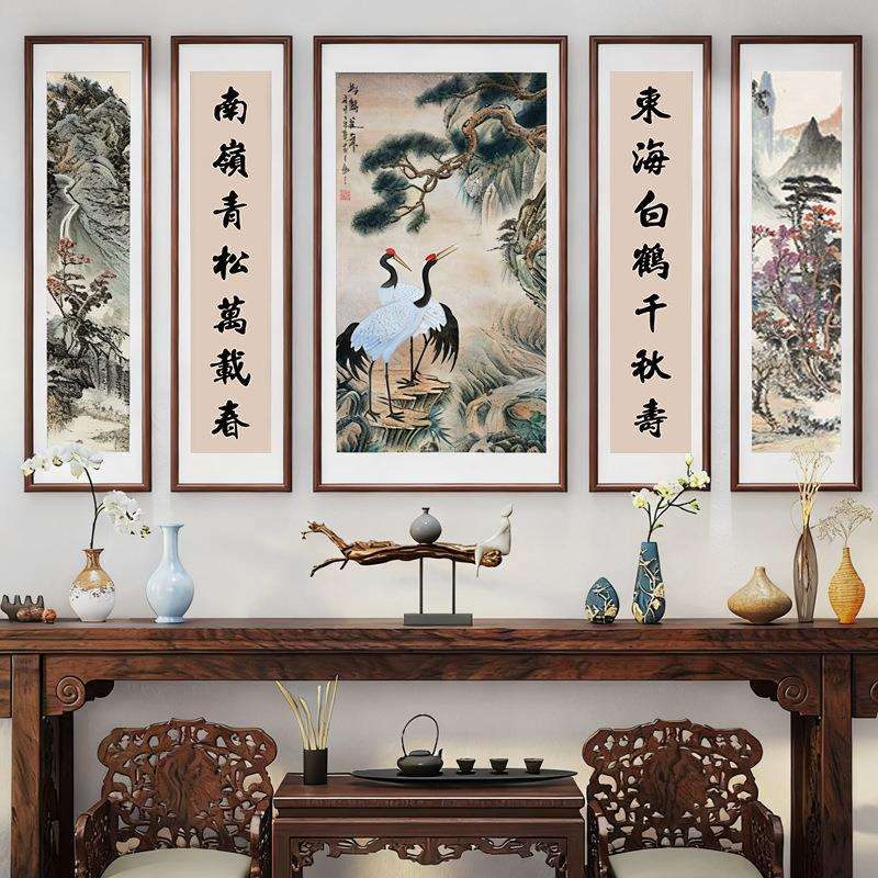 新中式中堂画客厅挂画堂屋大气饰画迎客松靠山水壁画钉制背景