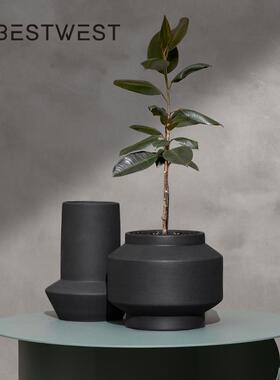 Best west 黑色直筒陶瓷釉面花瓶花盆 家居软装样板间装饰品花器