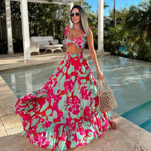 Lotus leaf edge printed high waist split swimsuit set for