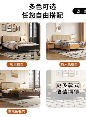 黑法式中古卧风实木床双人主卧藤编约床高级室色简美式复古风C20