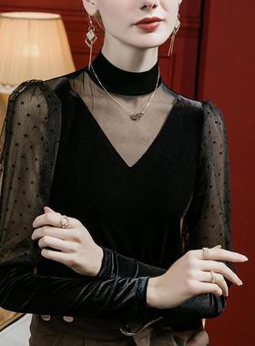 高领丝绒打底衫女2026春季新款泡泡袖小衫网纱拼接蕾丝洋气0102h