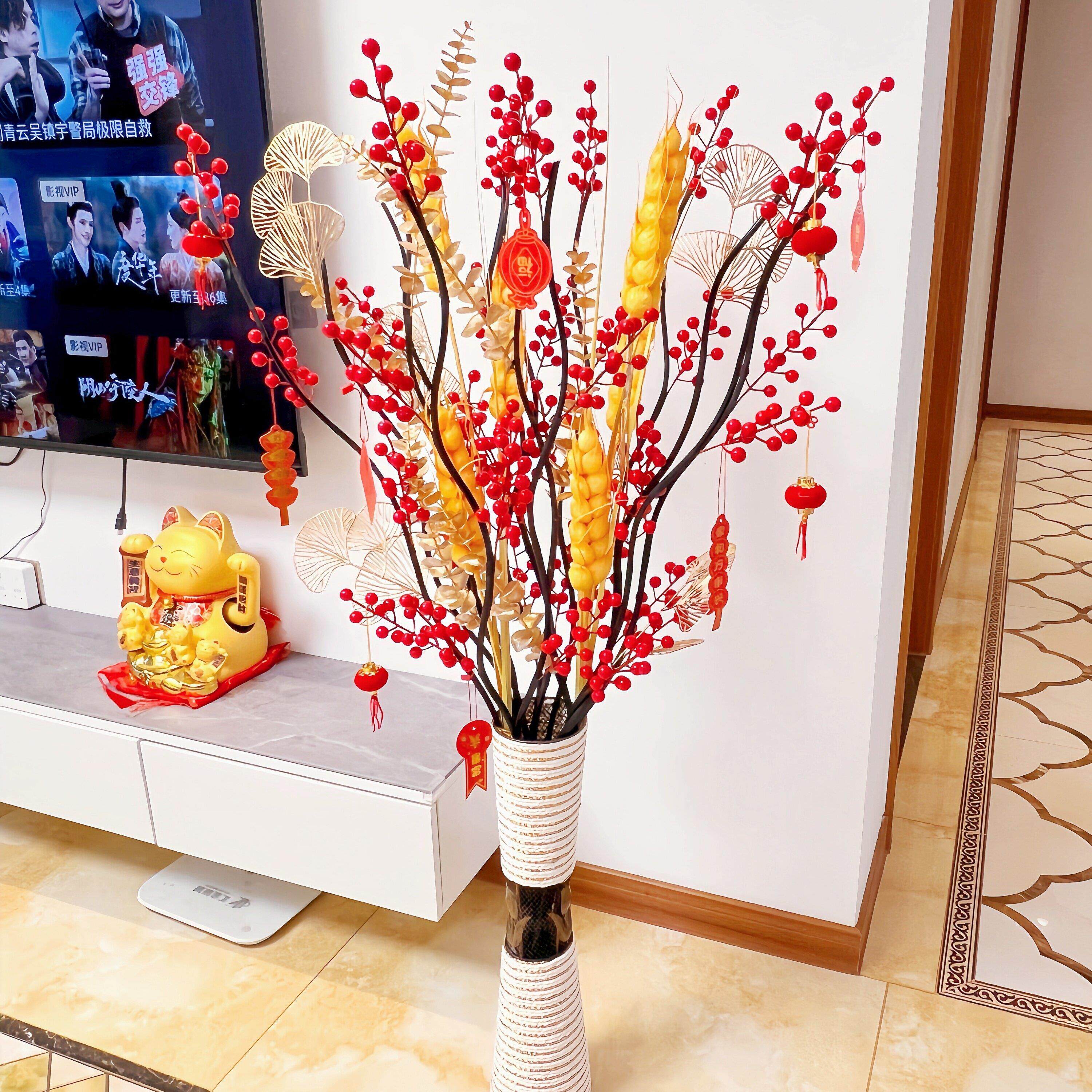 假花彷真花摆设客厅红浆果落地式花束欧式高摆件家居摆放大气适合