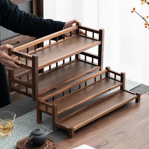 F7775J5H胡桃黑层木书桌置物架茶茶桌室茶具多收纳架摆放实木书架