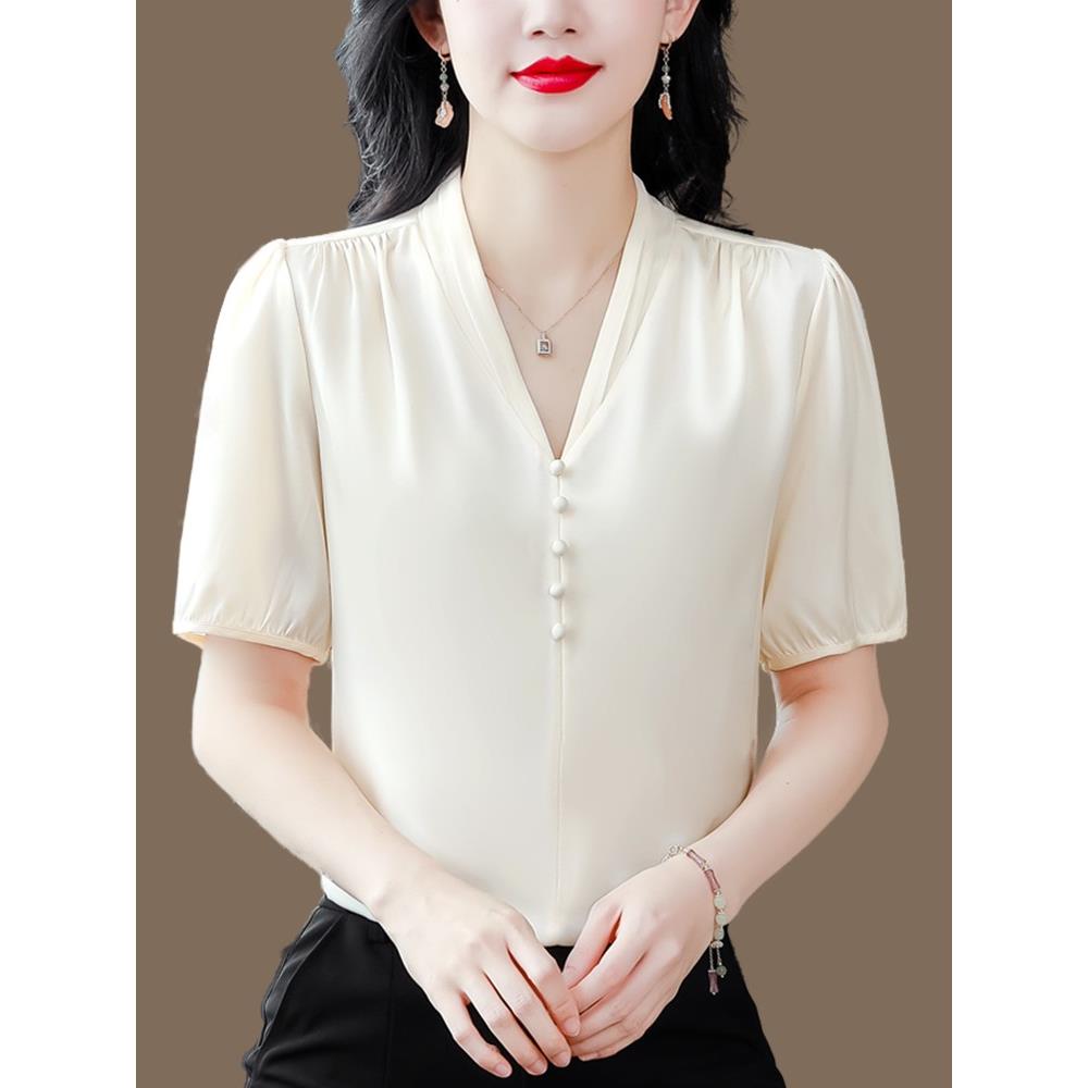 丝绸衬衫女式短袖夏季2025新纯色风格修身看优雅桑蚕丝V领衬衫上
