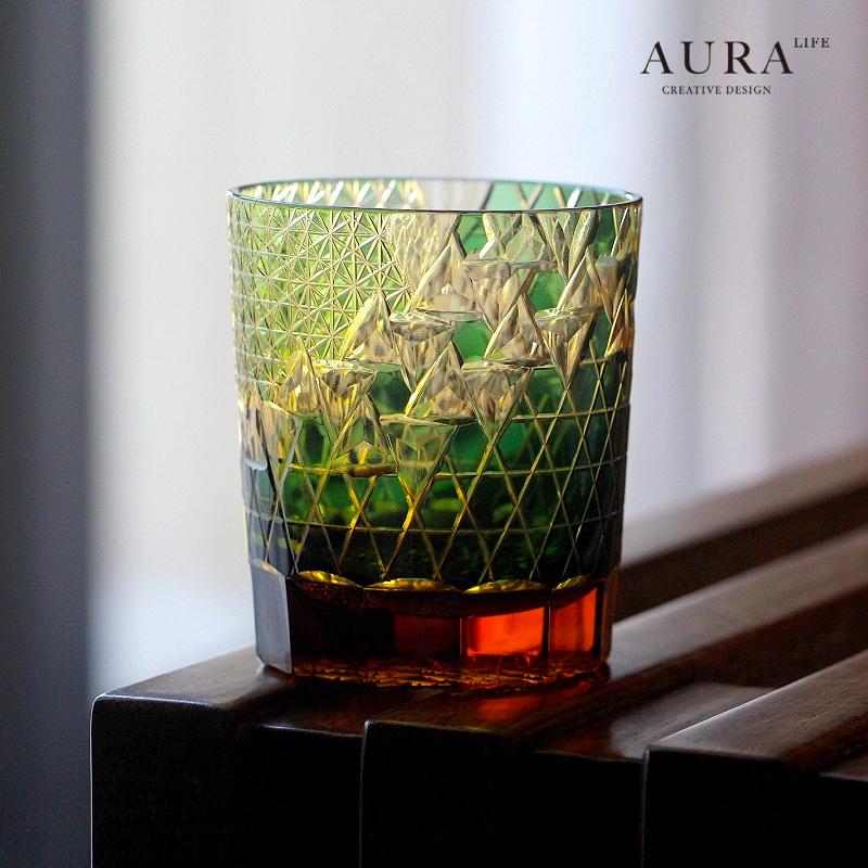 AURA'S江户切子六角玲珑手工雕花水晶玻璃酒杯威士忌洋酒杯礼盒装